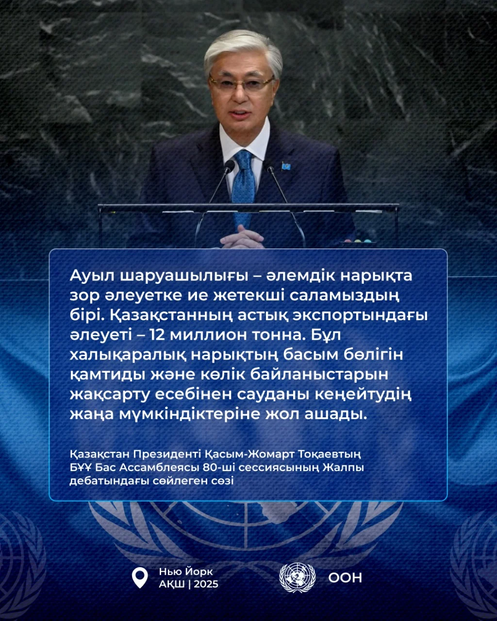 Қазақстан Президенті Қасым-Жомарт Тоқаевтың БҰҰ Бас Ассамблеясының 80-ші сессиясындағы Жалпы дебатта сөйлеген сөзі